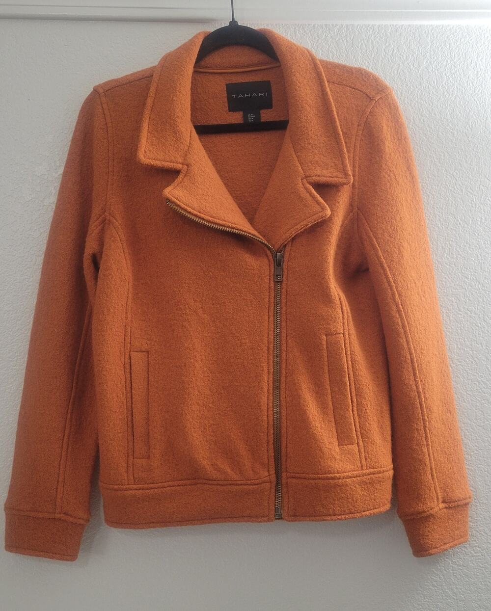 Tahari Wool Blend Moto Jacket Women's Medium Rust Orange Zip Up Fall Coat
